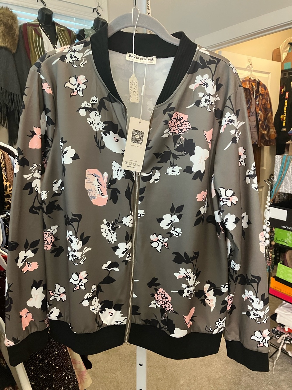 Floral Bomber Jacket in Taupe with Pink Accents